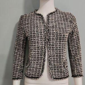 Max Studio Black and White Tweed Fringe Trim Jacket